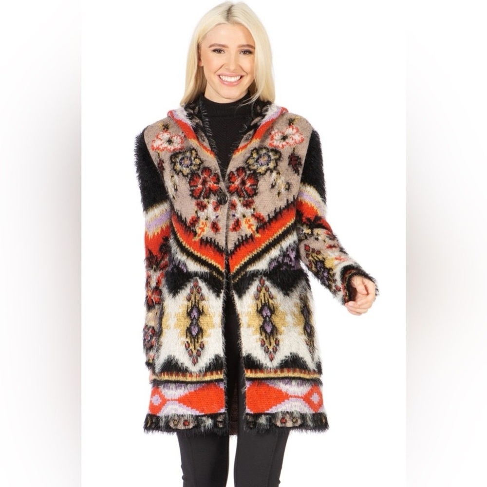 VERTIGO PARIS XLarge Womens Sweater Boho Hoodie Cardigan Cozy Aztec Black Orange